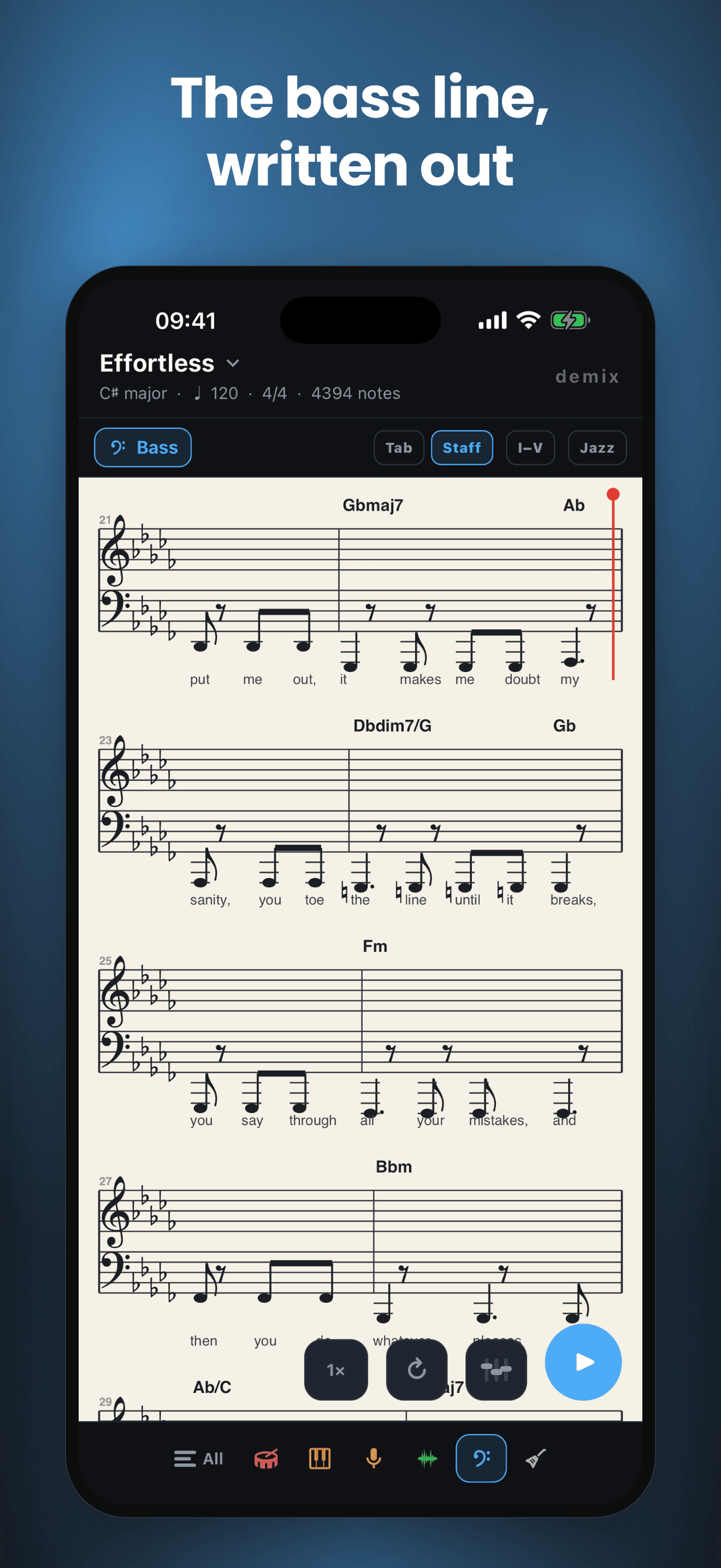Bass line in classical staff notation with chords