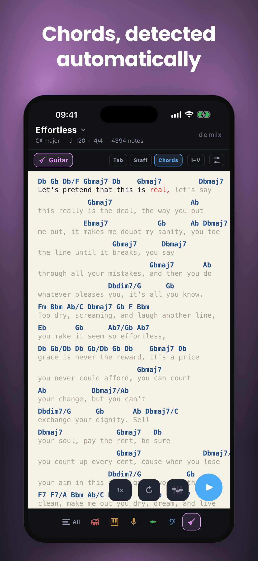 Chord lead sheet with chord symbols above the lyrics