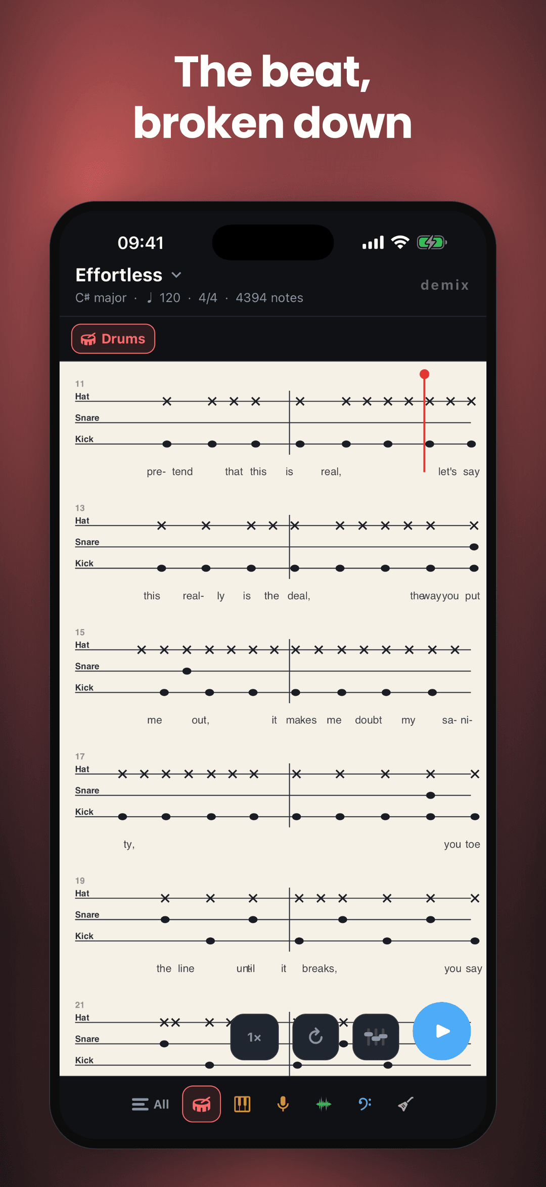 Drum grid showing kick, snare and hi-hat lanes