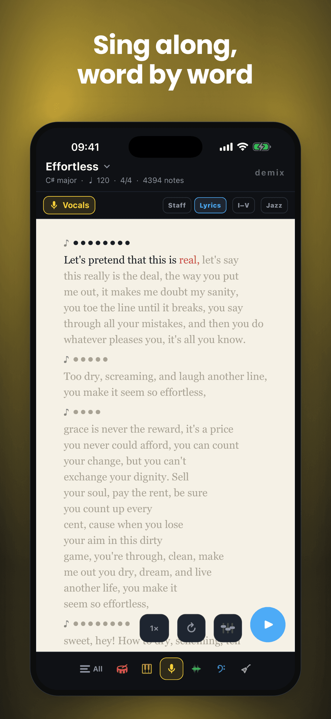Karaoke-style lyrics synced to the vocal line