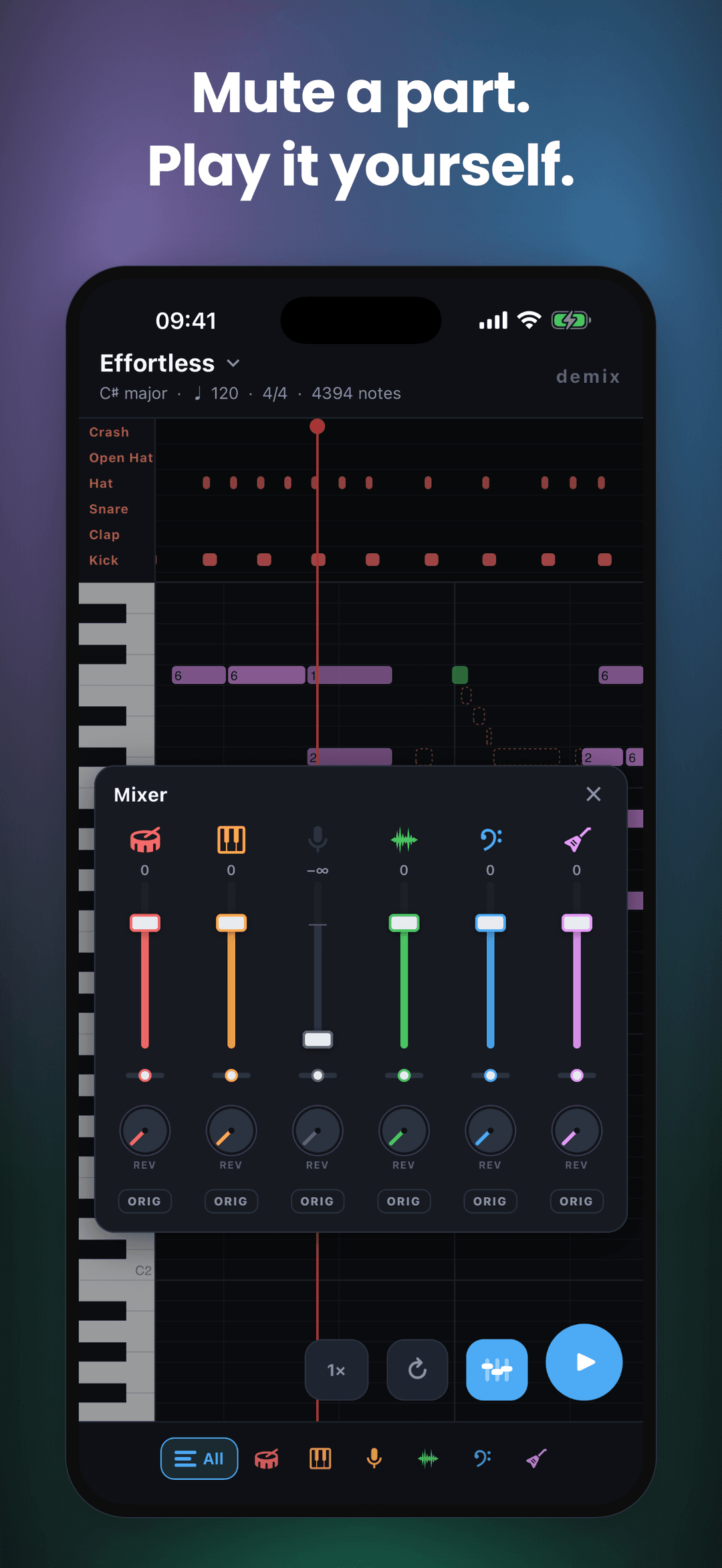 Per-stem mixer with volume, pan and reverb