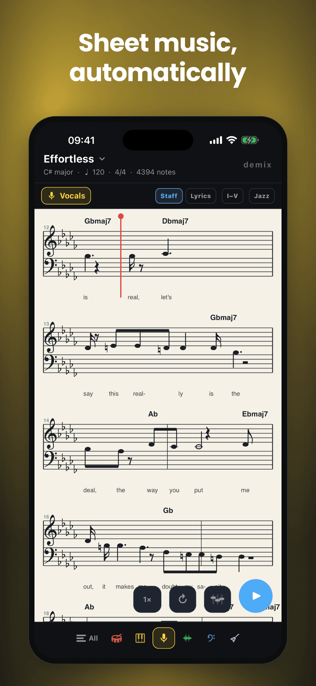 Vocal melody in classical staff notation with key signature and chords