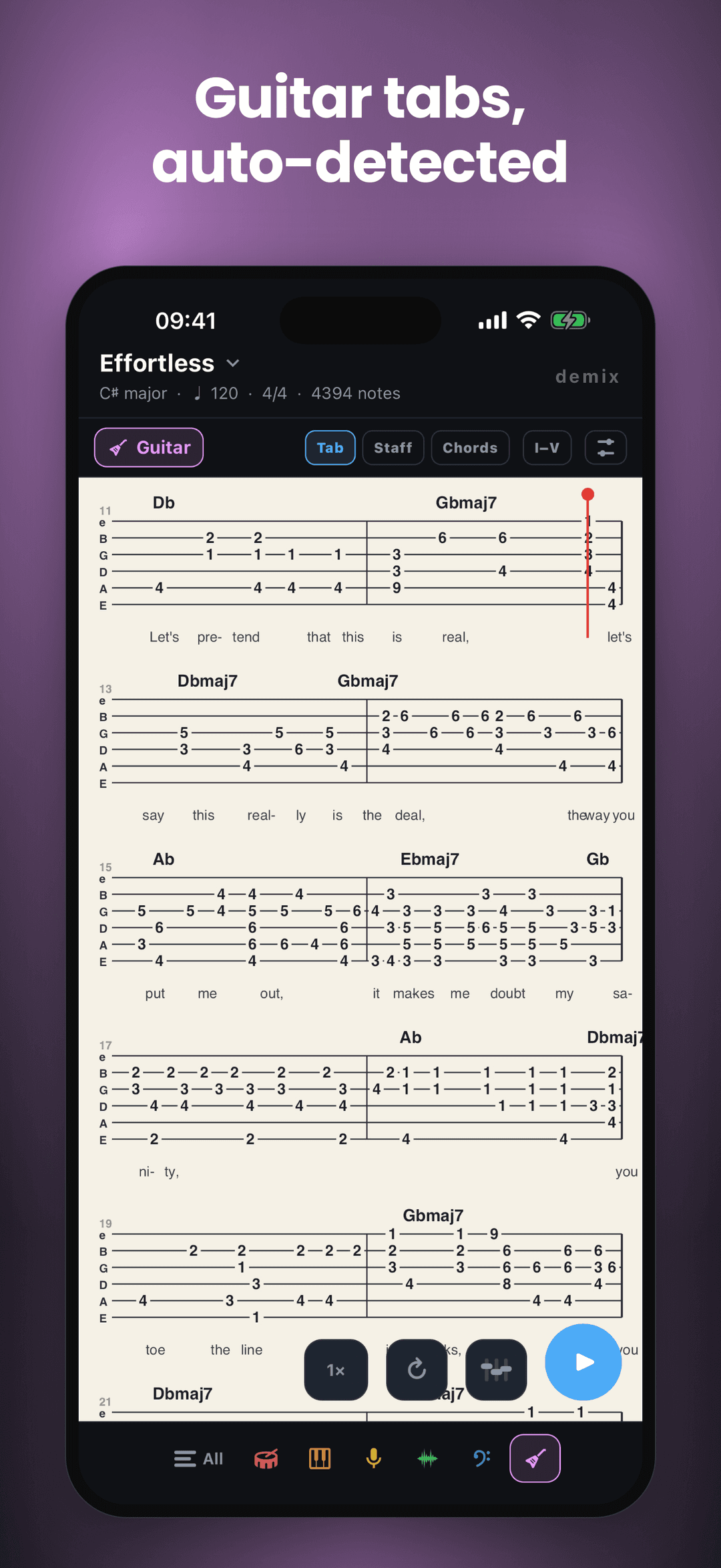 Guitar tablature with chord symbols above the staff