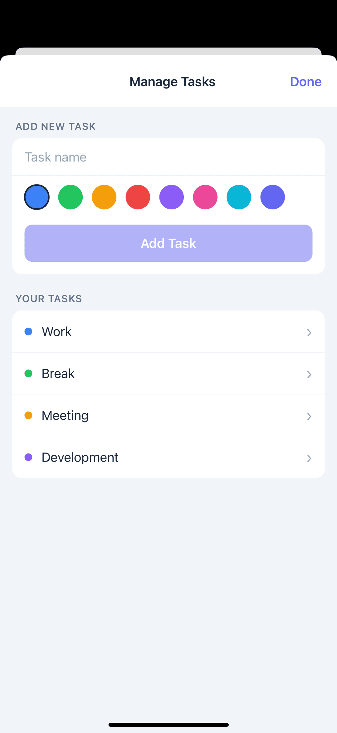 manage tasks screen with color selection