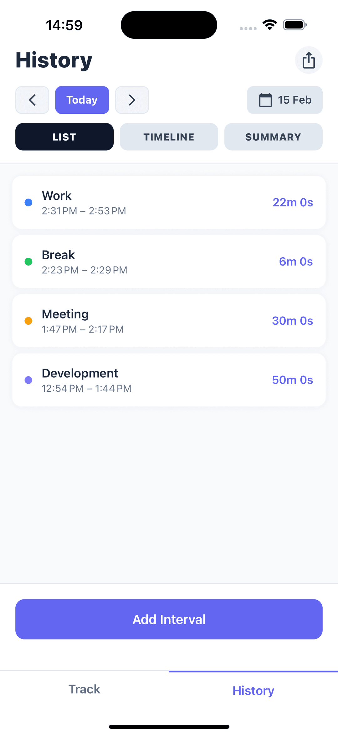history screen with list of tracked tasks