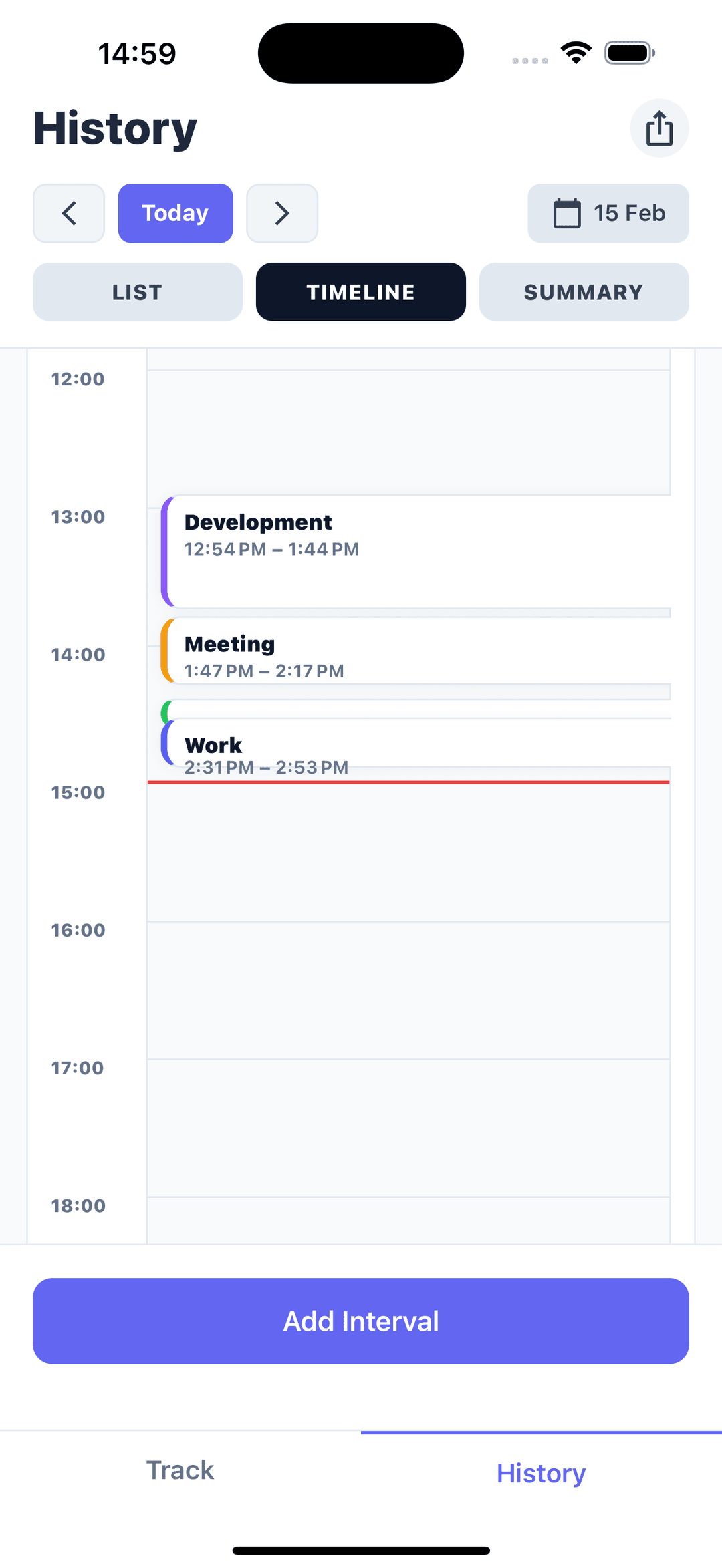 history screen with timeline of tracked tasks