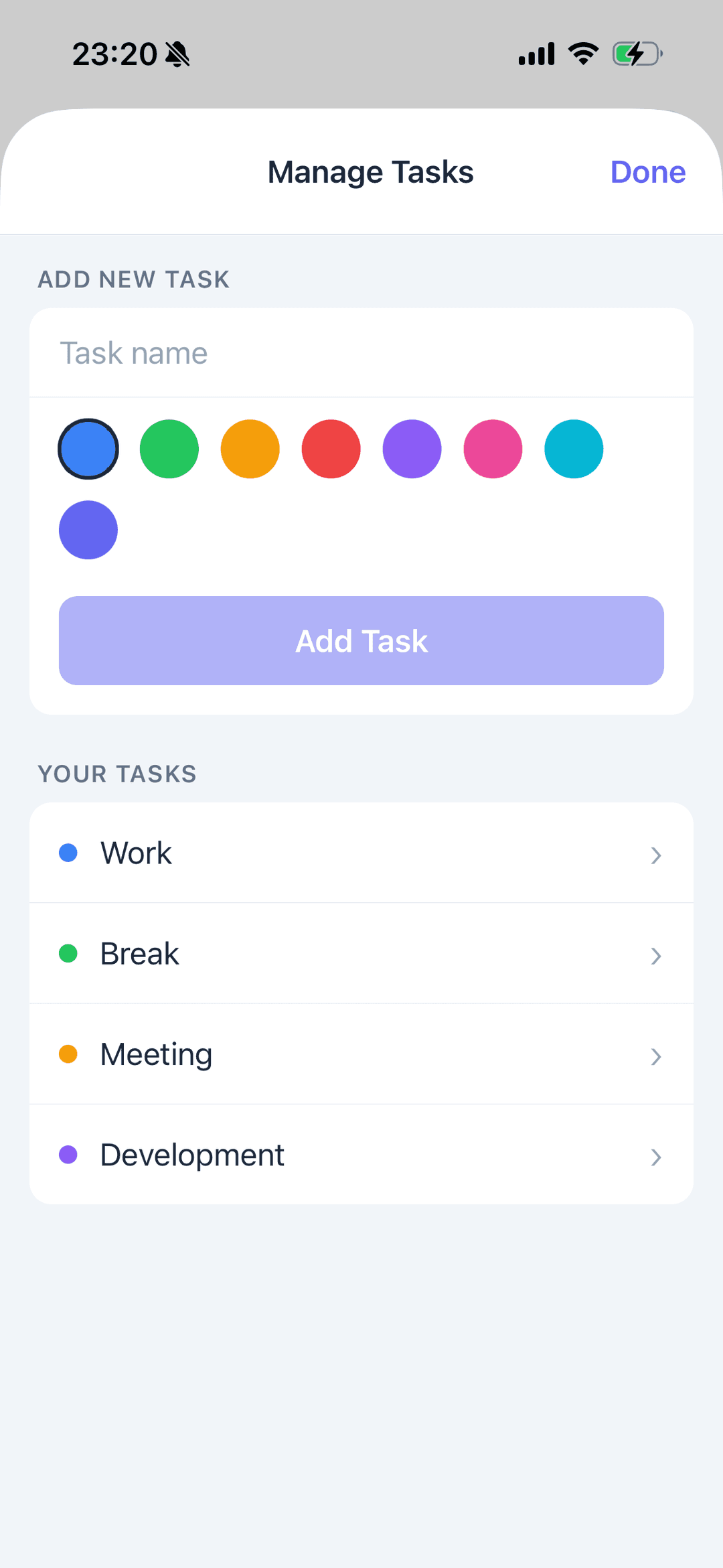 PermaCrunch manage tasks screen with color selection