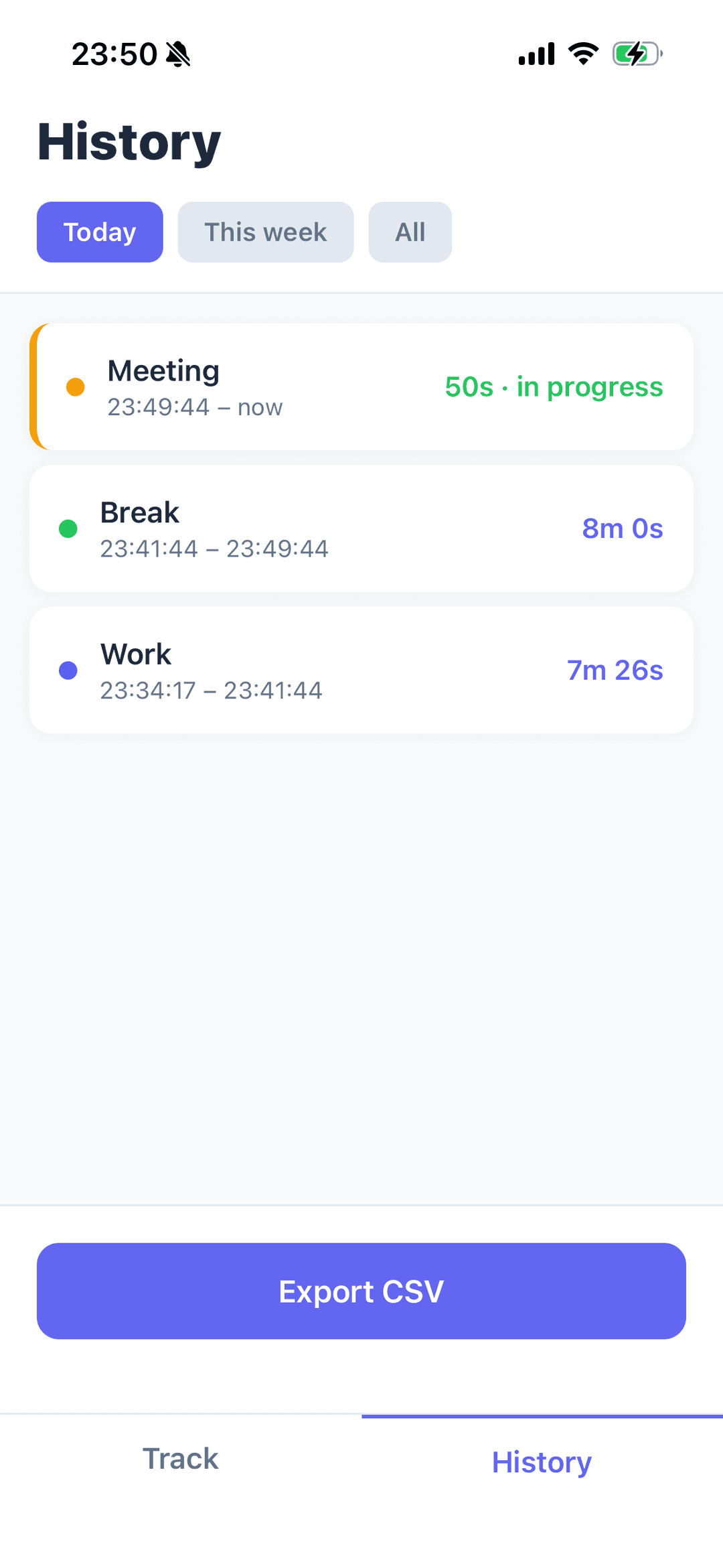 PermaCrunch history screen with CSV export button