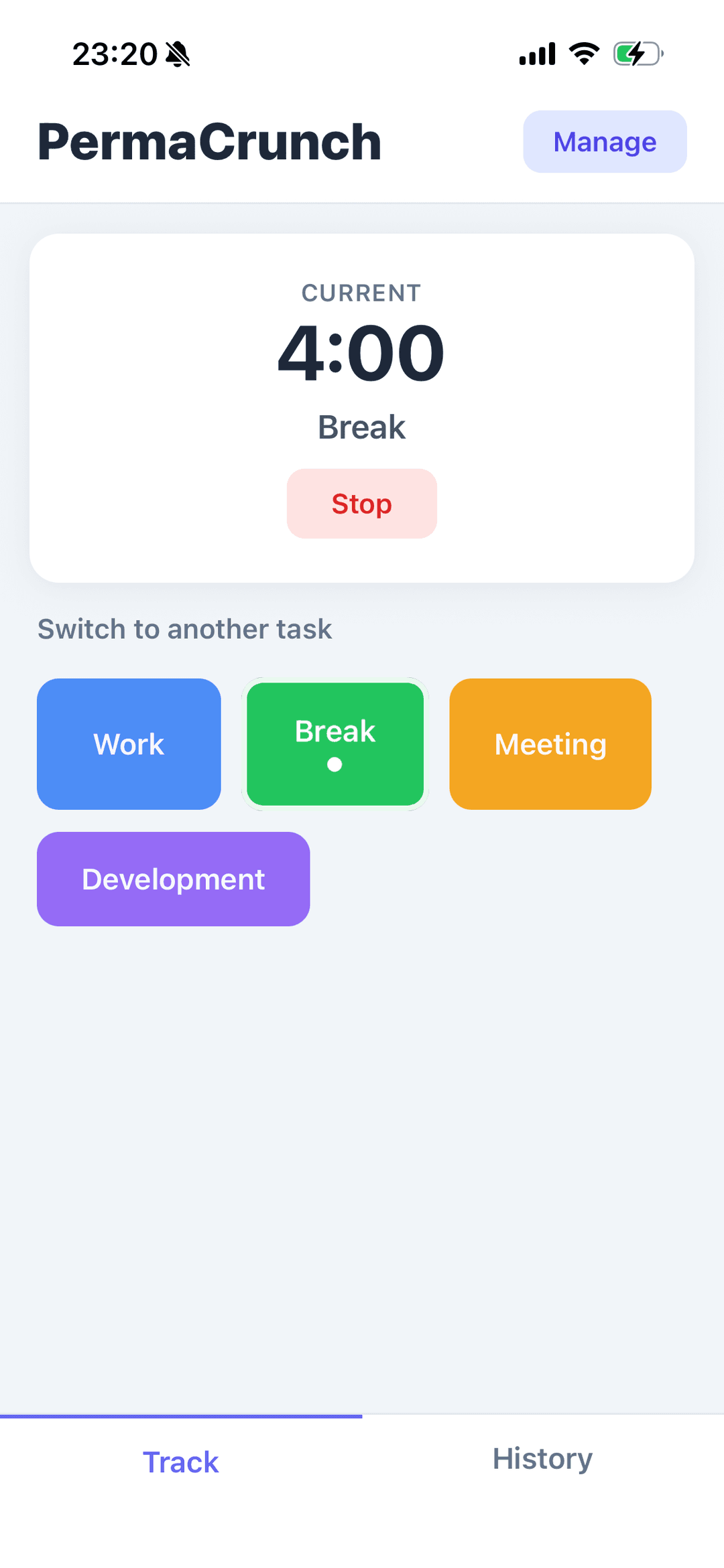 PermaCrunch active tracking screen with timer and stop button