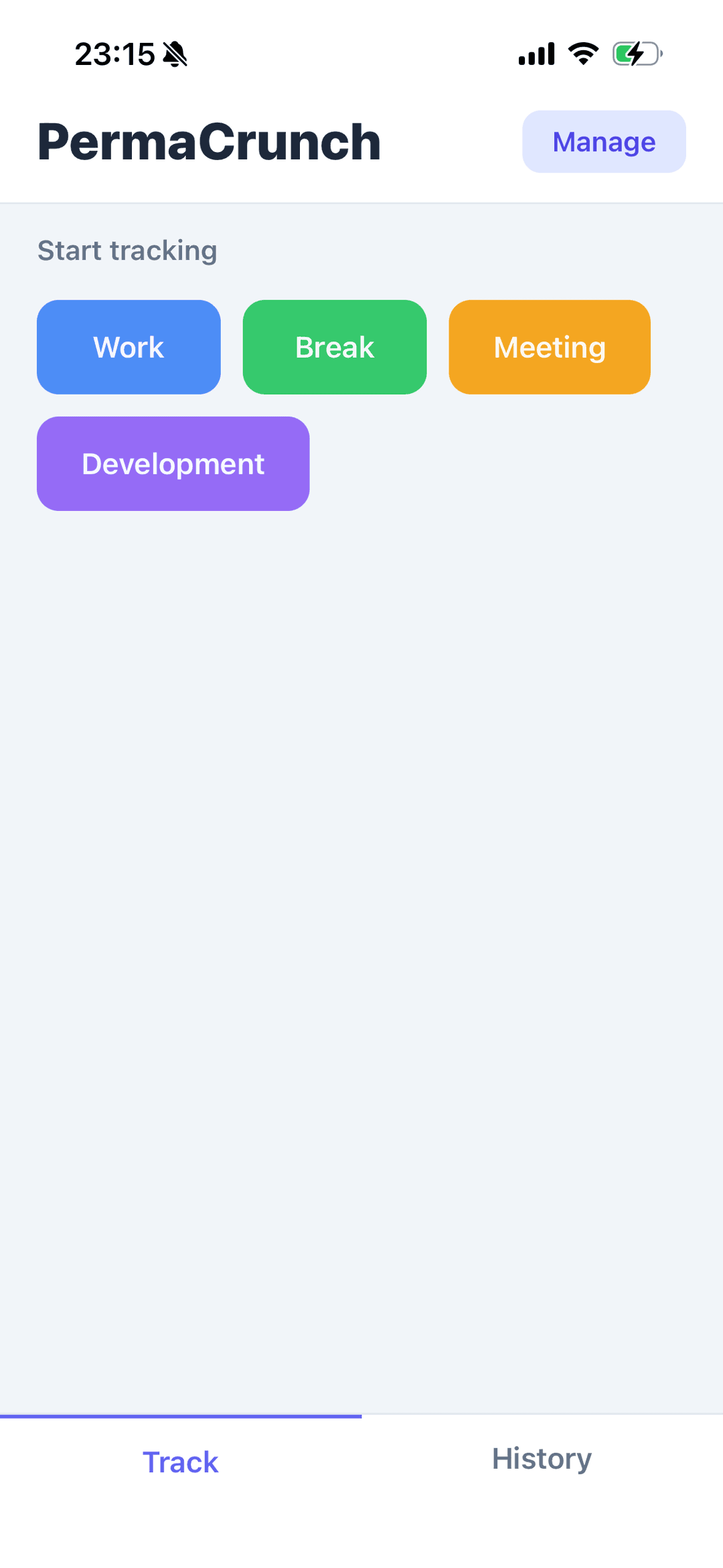 PermaCrunch track screen with task buttons