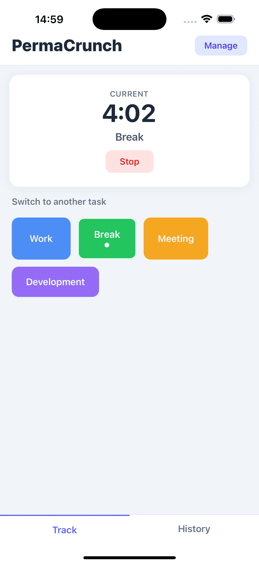 active tracking screen with timer and stop button
